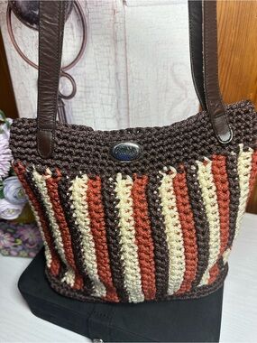 Crocheted Stripe Tote Bag in Brown, Cream & Rust